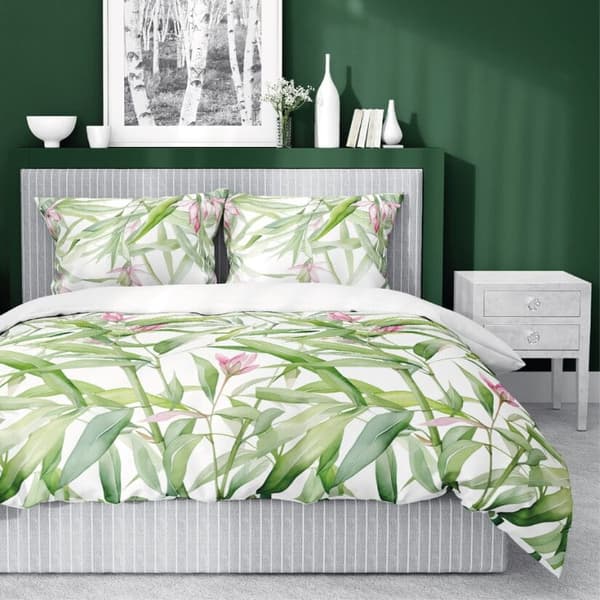 Satin Sengetøj 220x200 Blomster Blade Forårsgrøn