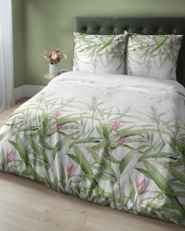 Satin Sengetøj 220x200 Blomster Blade Forårsgrøn