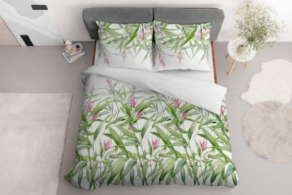 Satin Sengetøj 220x200 Blomster Blade Forårsgrøn