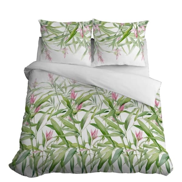 Satin Sengetøj 220x200 Blomster Blade Forårsgrøn
