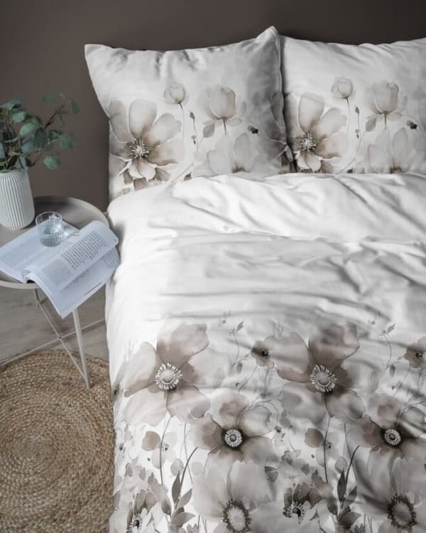 Satin Sengetøj 160x200 Blomster Beige