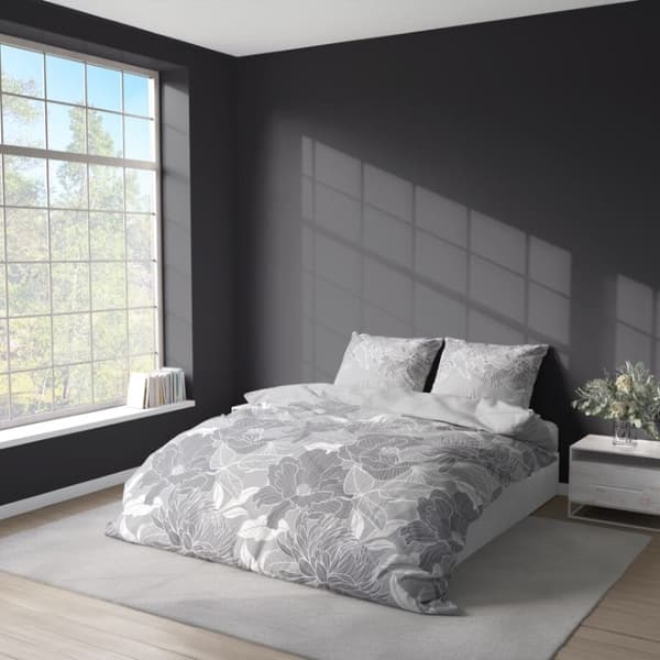 Sengetøj 220x200 Satin Mikrofiber Blomster Blade Grå Ask