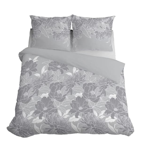 Sengetøj 220x200 Satin Mikrofiber Blomster Blade Grå Ask
