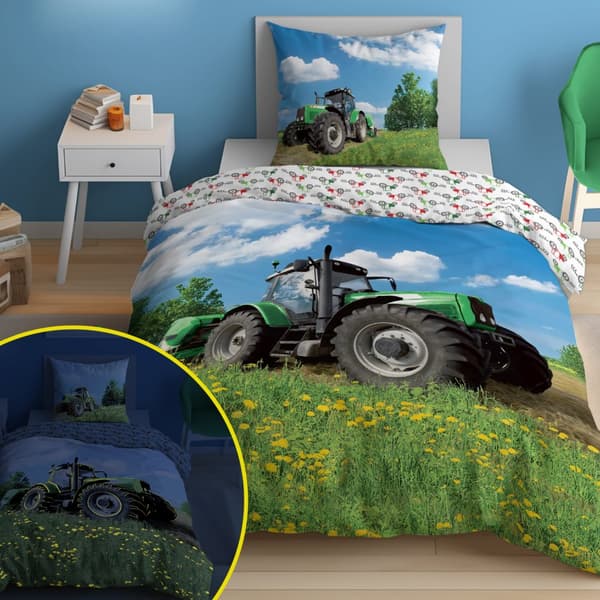 Sängkläder som lyser i mörkret 160x200 grön traktor