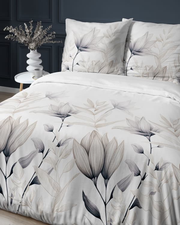 Satinsängkläder 160x200 Ljusa blommor med beige