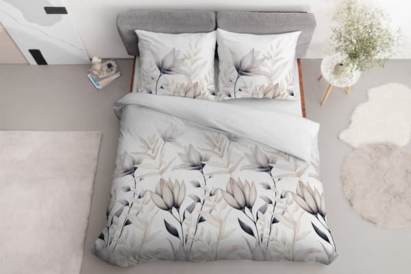 Satinsängkläder 160x200 Ljusa blommor med beige