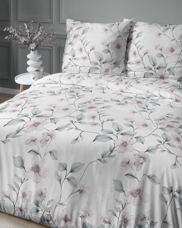 Satin Sengetøj 220x200 Blomster Mint Pink