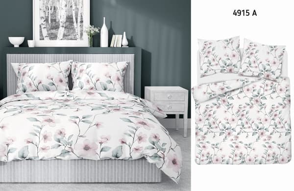 Satin Sengetøj 220x200 Blomster Mint Pink