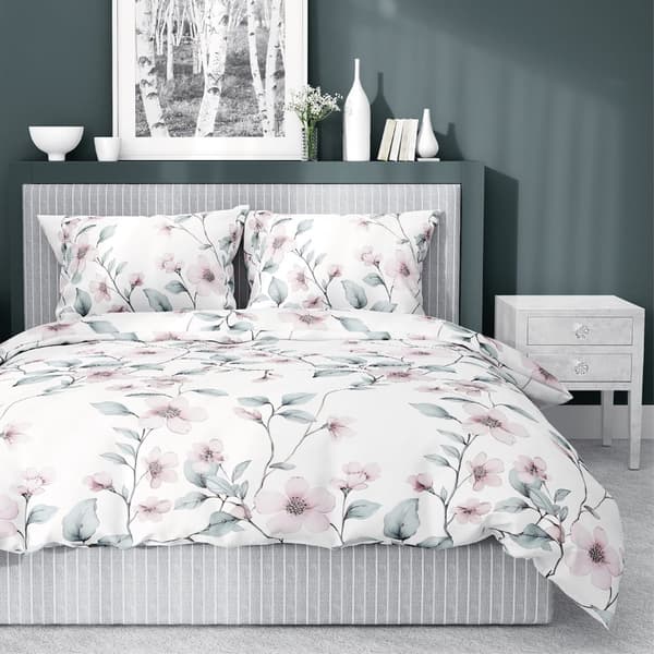 Satin Sengetøj 220x200 Blomster Mint Pink