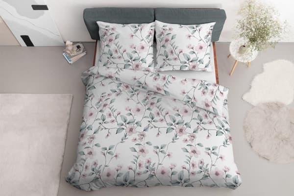 Satin Sengetøj 220x200 Blomster Mint Pink