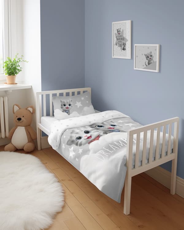Babysängkläder 90x120 Katter Stjärnor på grå bakgrund BOMULL