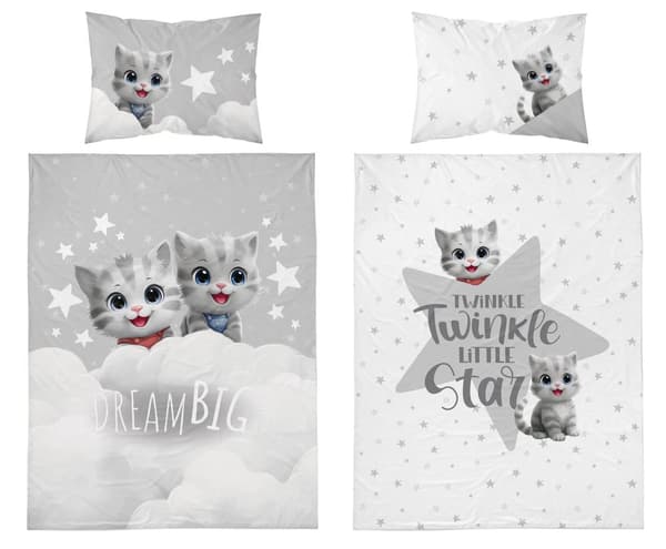 Babysängkläder 90x120 Katter Stjärnor på grå bakgrund BOMULL