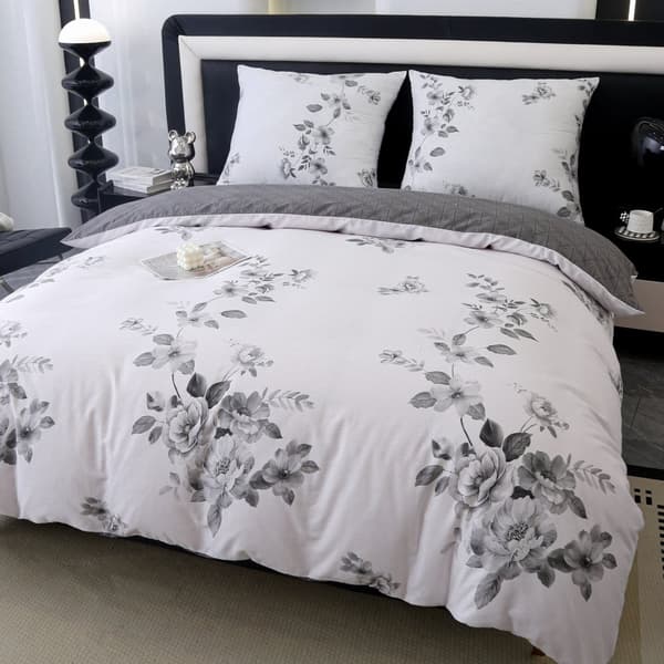 Satin Sengetøj 160x200cm Blomster Grafit Sort Hvid