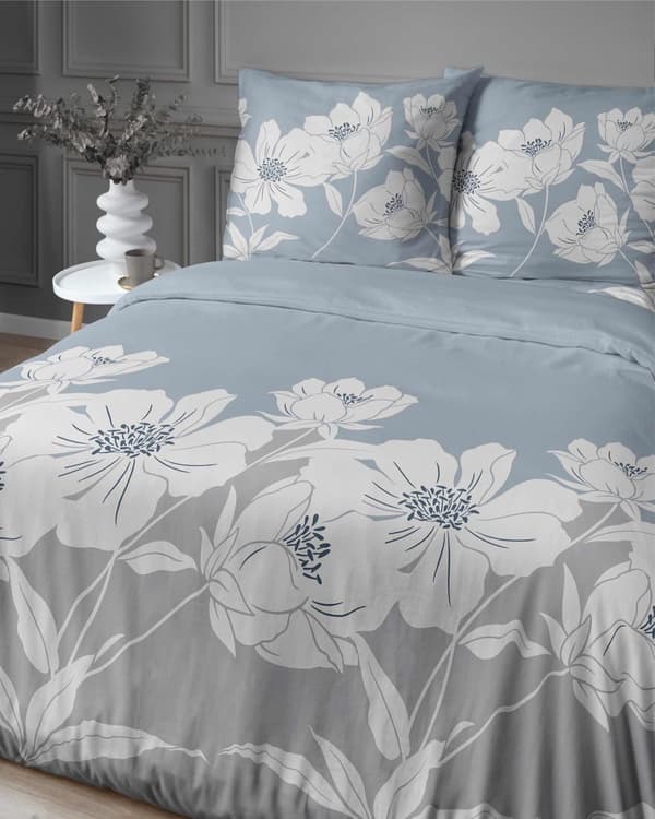 Flanellsängkläder 220x200 Blommor Askblå