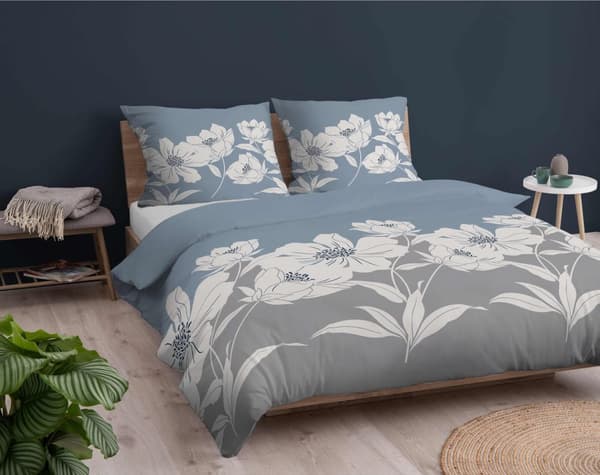 Flanellsängkläder 220x200 Blommor Askblå
