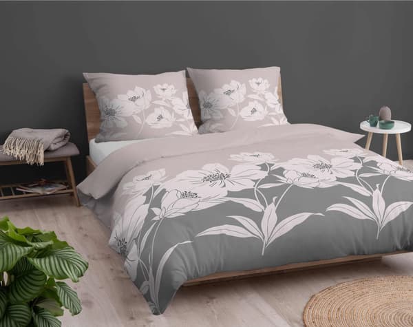 Flannel Sengetøj 160x200 Blomster Puddergrå