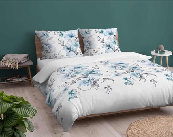 Flanellsängkläder 220x200 Pastellblå blommor Blomsteräng
