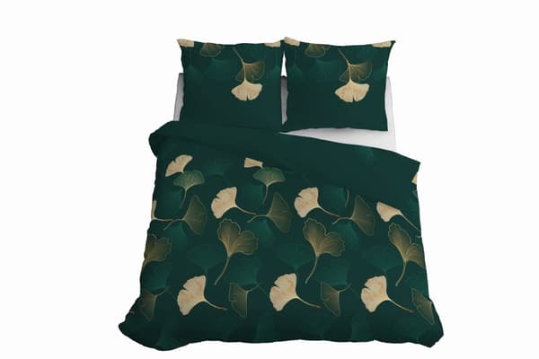 Satinsängkläder 220x200 Guldblommor på grönt