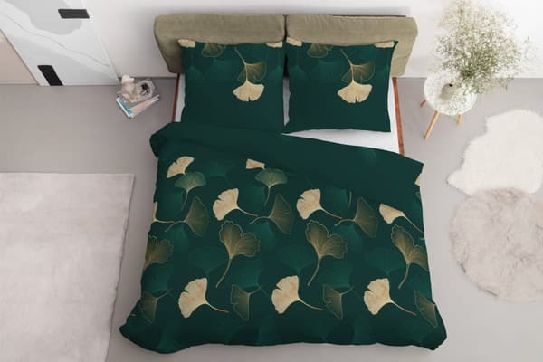 Satinsängkläder 220x200 Guldblommor på grönt