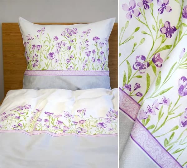 Sängkläder 140x200 vit PREMIUM Marion blommor lavendel ask