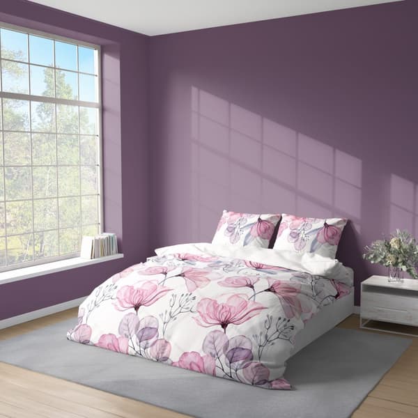 Sängkläder 220x200 Satin Microfiber Blommor Vit Rosa