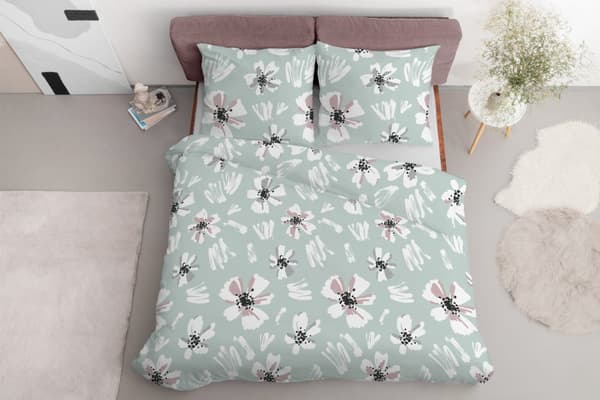 Sengetøj 220x200 Satin Mikrofiber Blomster Mintgrøn