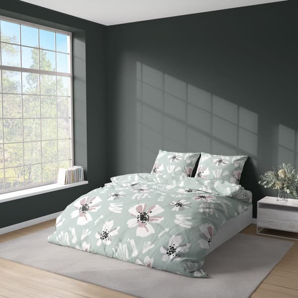 Sengetøj 220x200 Satin Mikrofiber Blomster Mintgrøn