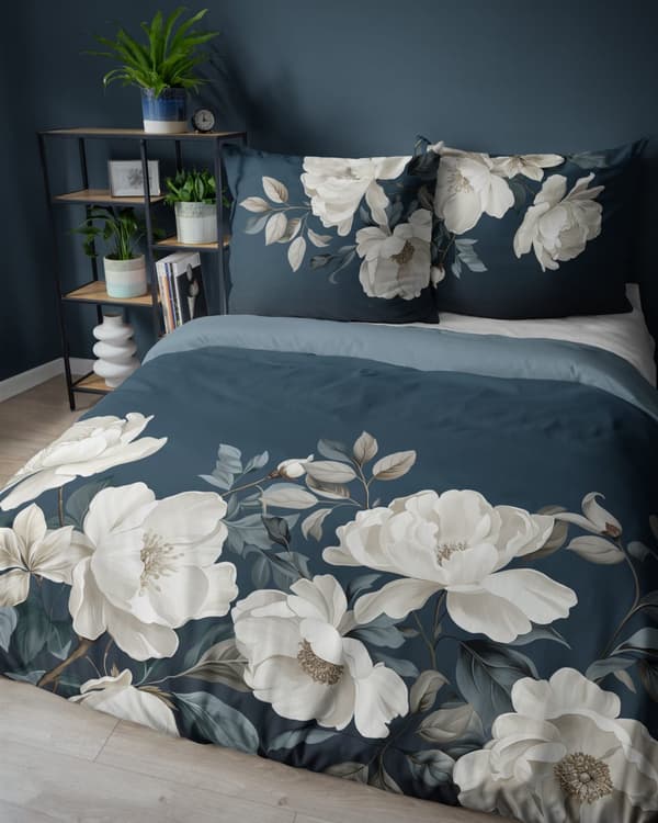 Hollandsk sengetøj 160x200 Hollandsk gaveidé Lyse blomster på marineblå