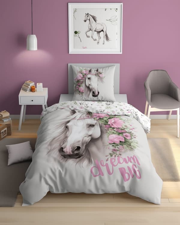 Sängkläder Självlysande 140x200 Häst i Rosa Blommor