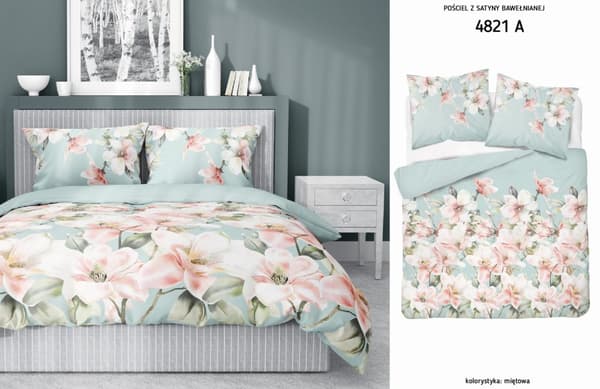 Satin Sengetøj 180x200 Blomster på Mint