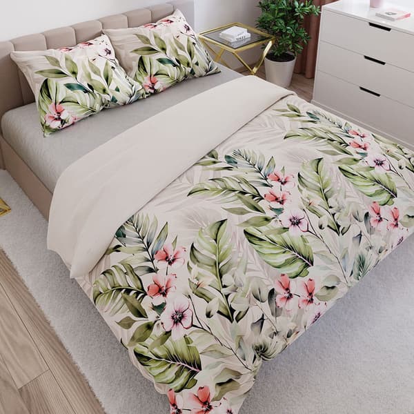Sängkläder 220x200 Bomullssatin Paradis Blommor Löv Grön