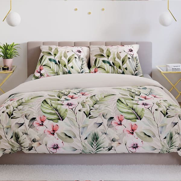 Sängkläder 220x200 Bomullssatin Paradis Blommor Löv Grön