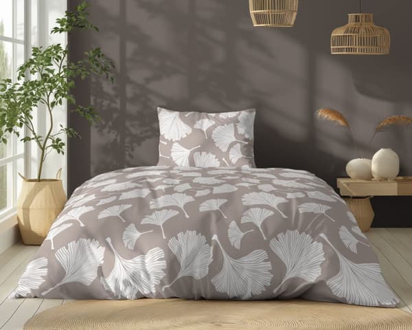 Puuvillainen vuodevaate 140x200 Kukat Lehdet Beige
