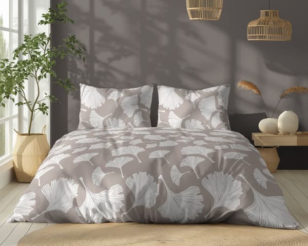 Bomullssängkläder 160x200 Blommor Löv Beige