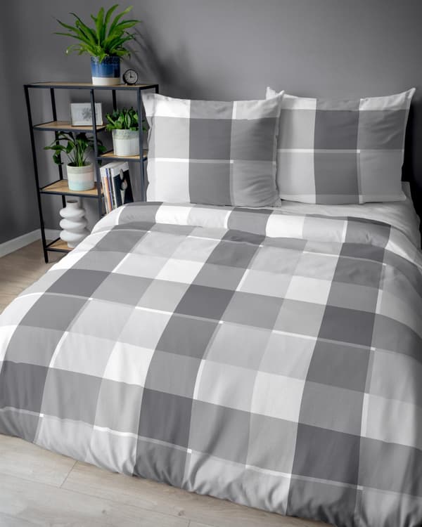 Puuvillainen vuodevaate 180x200 ruudullinen tuhkanharmaa