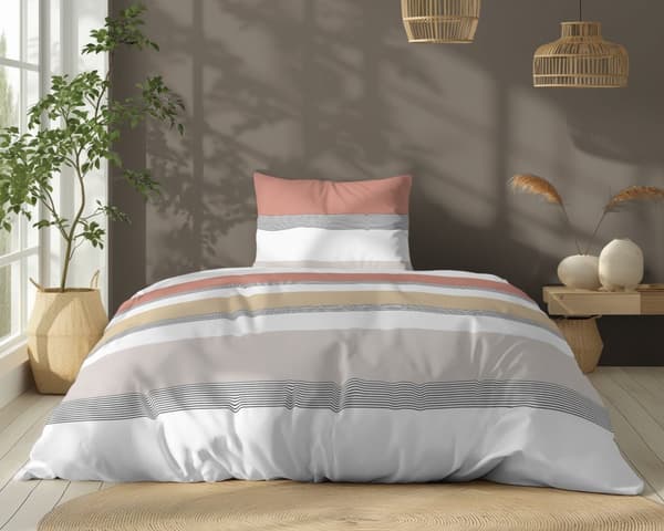 Puuvillainen vuodevaate 140x200 raidallinen beige-oranssi