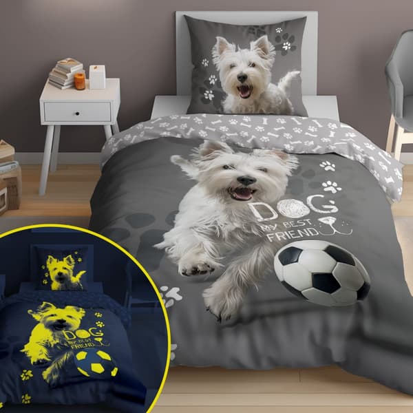 Sängkläder som lyser i mörkret 140x200 West Terrier med boll