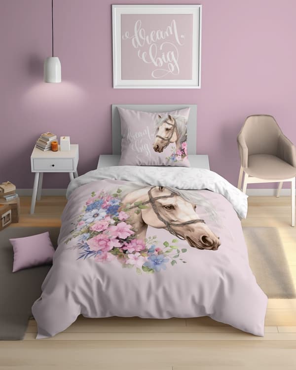 Sängkläder Självlysande 160x200 Häst i Rosa Blommor