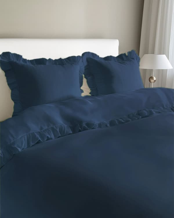 Bomullssängkläder med volanger 160x200 3 delar marinblå denim