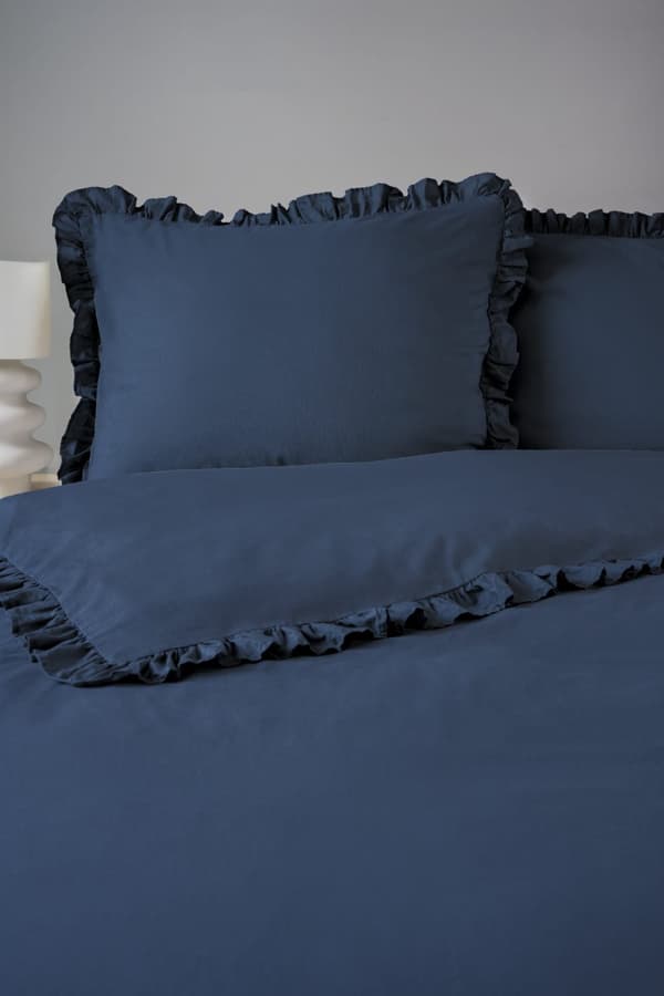 Bomullssängkläder med volanger 160x200 3 delar marinblå denim