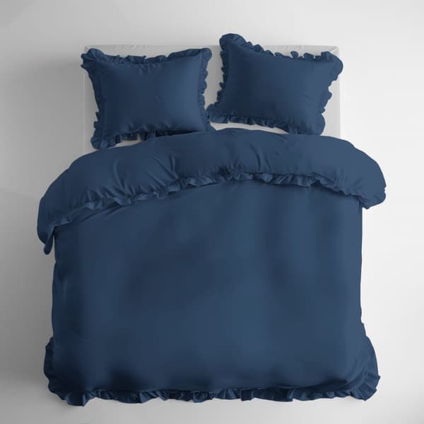 Bomullssängkläder med volanger 160x200 3 delar marinblå denim