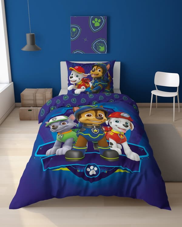 Sängkläder som lyser i mörkret 160x200 PAW PATROL Chase Puppies Blå