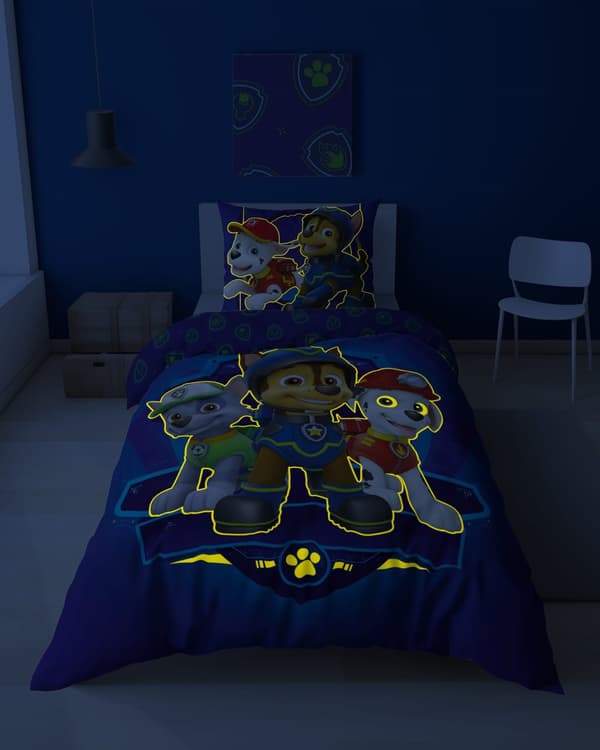 Sängkläder som lyser i mörkret 160x200 PAW PATROL Chase Puppies Blå