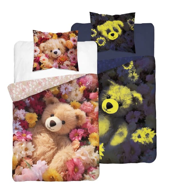 Sängkläder som lyser i mörkret 140x200 Nallebjörn i blommor