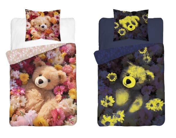 Sängkläder som lyser i mörkret 160x200 Nallebjörn i blommor