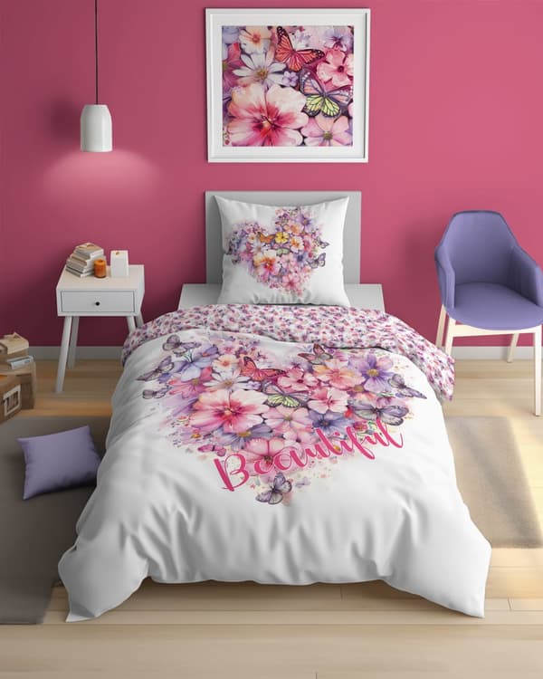 Sängkläder med självlysande hjärta 140x200 i rosa blommor