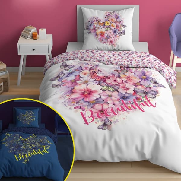 Sängkläder med självlysande hjärta 140x200 i rosa blommor