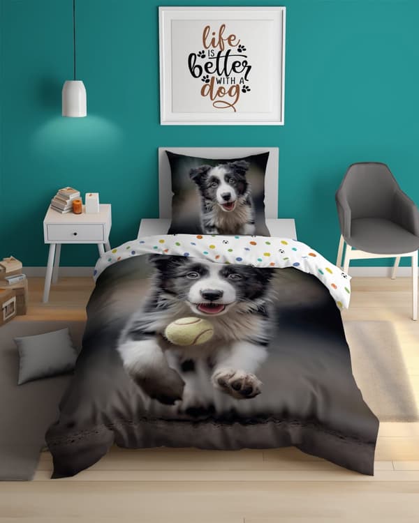 Sängkläder Självlysande 140x200 Border Cola Hund med boll