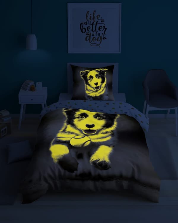 Sängkläder Självlysande 140x200 Border Cola Hund med boll