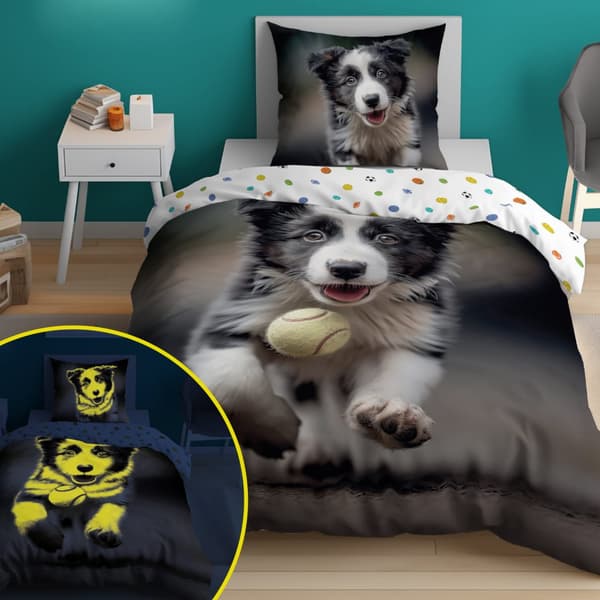 Sängkläder Självlysande 140x200 Border Cola Hund med boll